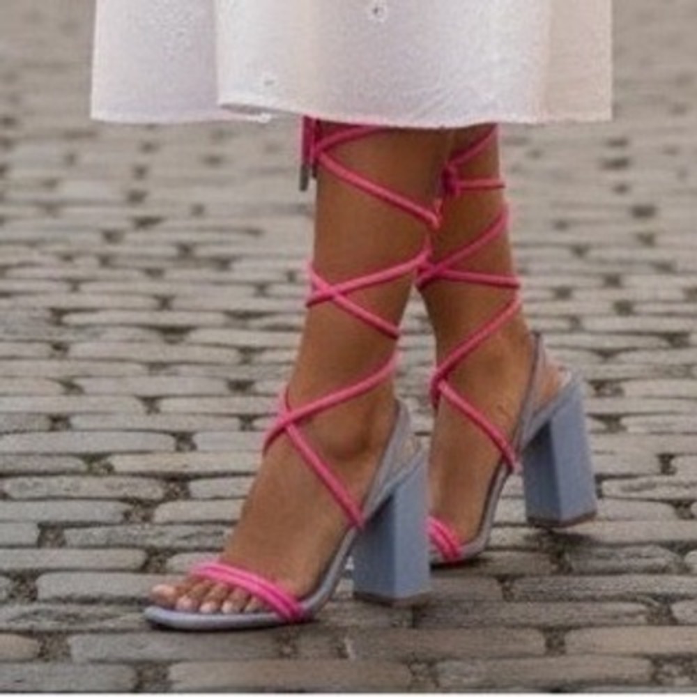 Clearance! Simmi Lace Up Sandals Blue Pink Block Heel Square Toe Barbiecore